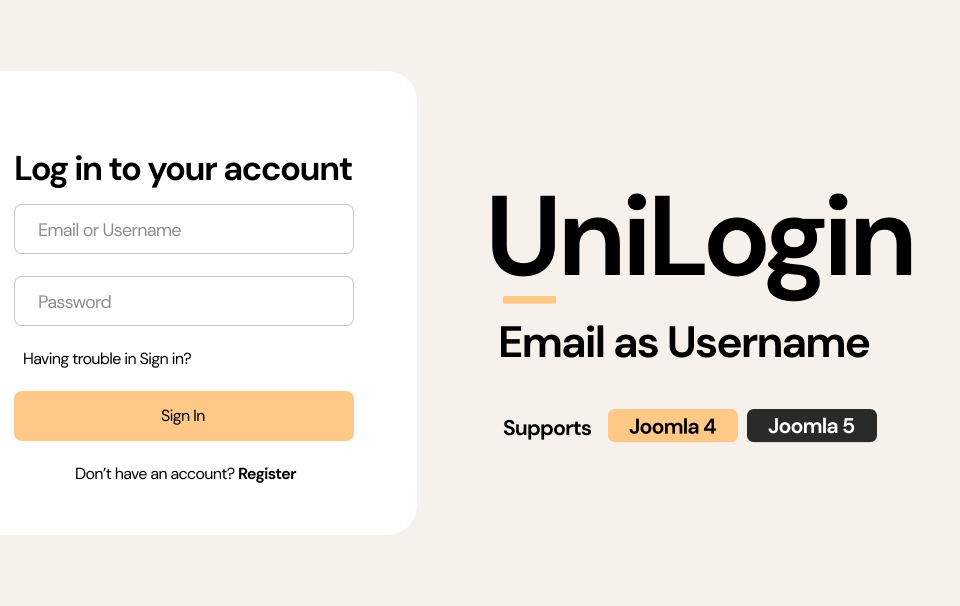 unilogin joomla email as username