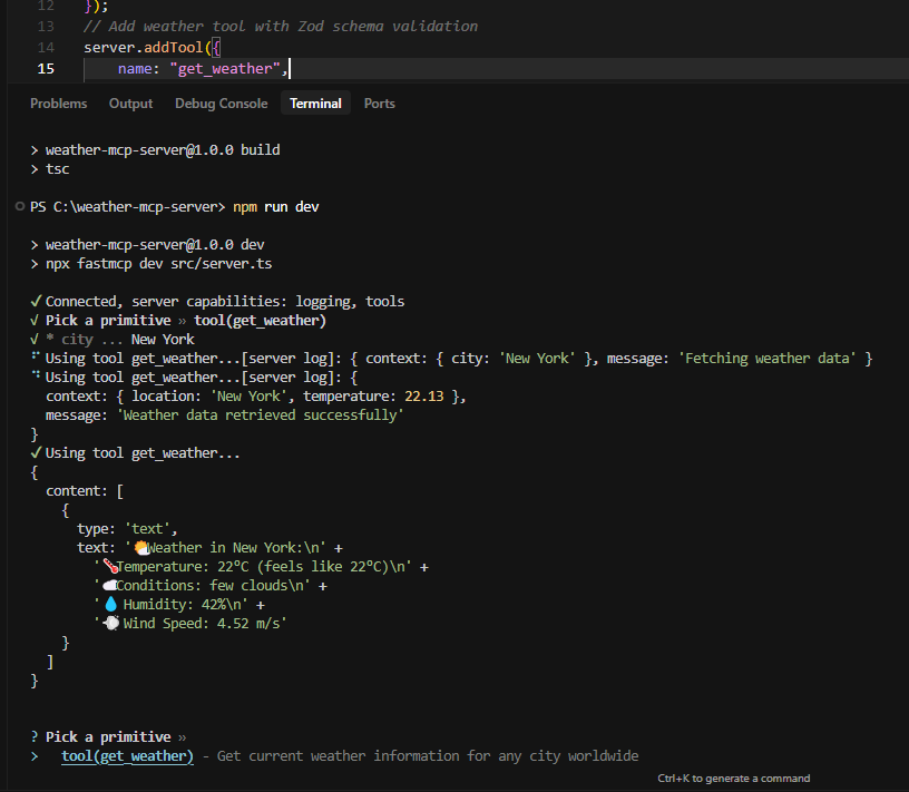 Build a Live Weather MCP Server with FastMCP & TypeScript 1 fast mcp terminal