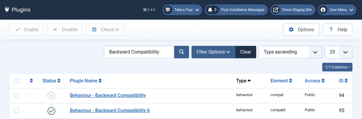 How to Upgrade Joomla 3 to Joomla 6: The Complete Step-by-Step Guide 2 Joomla 5.4 Plugins screen filtered to Backward Compatibility, showing Behaviour - Backward Compatibility disabled and Behaviour - Backward Compatibility 6 enabled