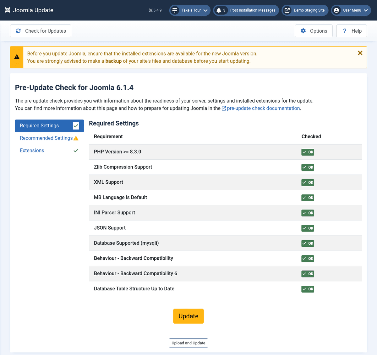 How to Upgrade Joomla 3 to Joomla 6: The Complete Step-by-Step Guide 3 Joomla 5.4 Joomla Update component showing the Pre-Update Check for Joomla 6.1.4 with all required settings marked OK