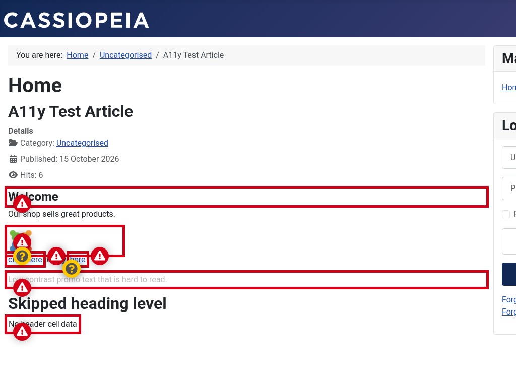 Joomla Accessibility Checker flagging 6 errors and 3 warnings on a test article