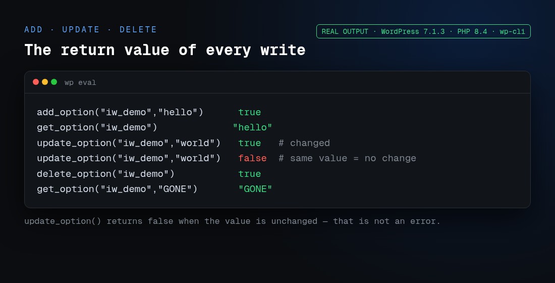 Real output of add_option, update_option and delete_option return values