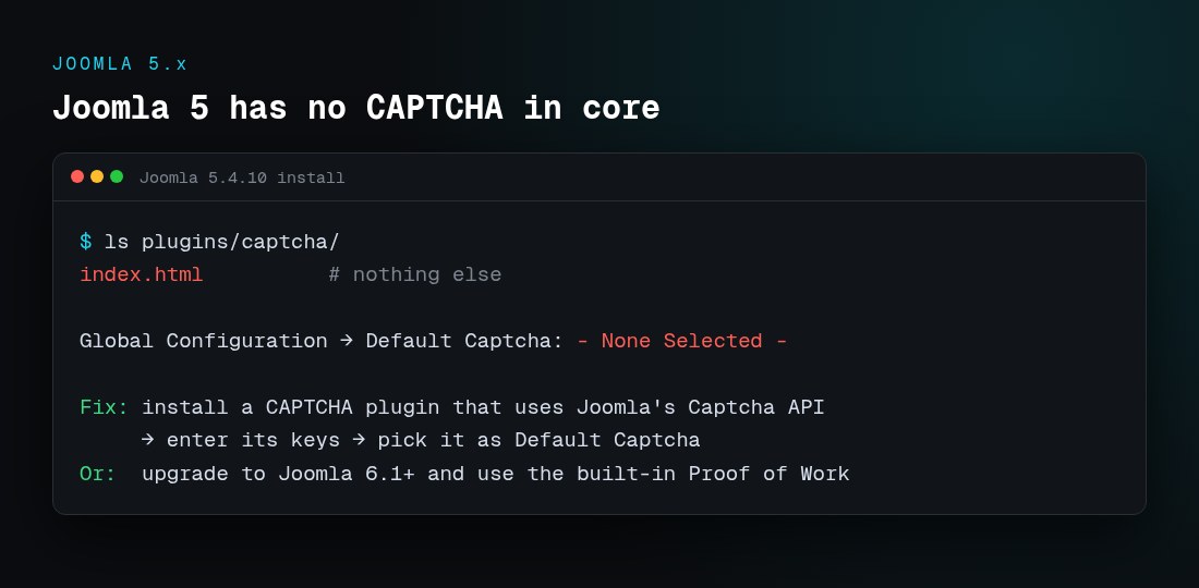 Joomla 5 has no core CAPTCHA plugin and needs an extension