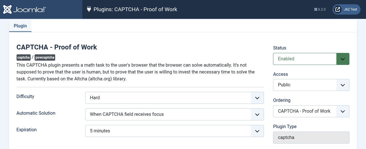 Joomla 6.2 CAPTCHA - Proof of Work plugin settings screen