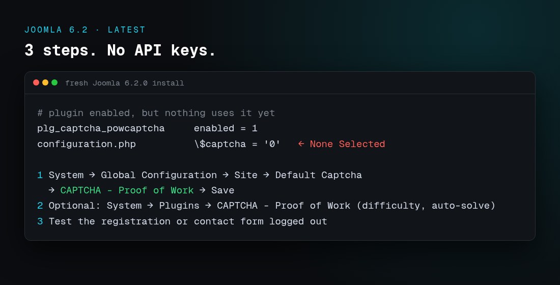 Setting up the built-in Proof of Work CAPTCHA in Joomla 6.2