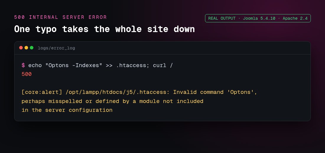 Apache error log showing Invalid command in Joomla .htaccess causing 500 error