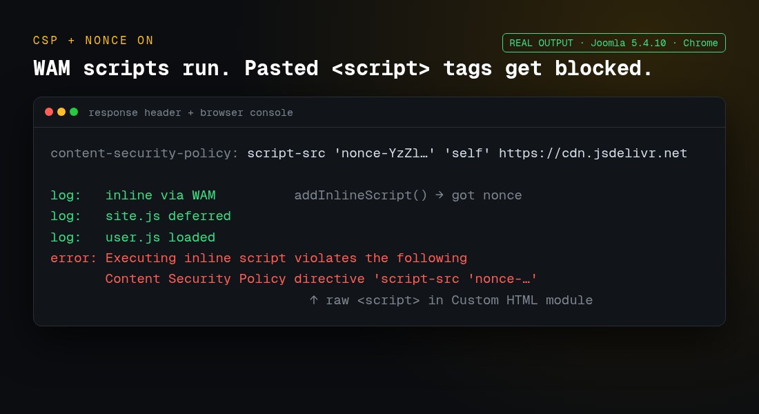 Joomla CSP nonce test: Web Asset Manager scripts run, raw script tag blocked