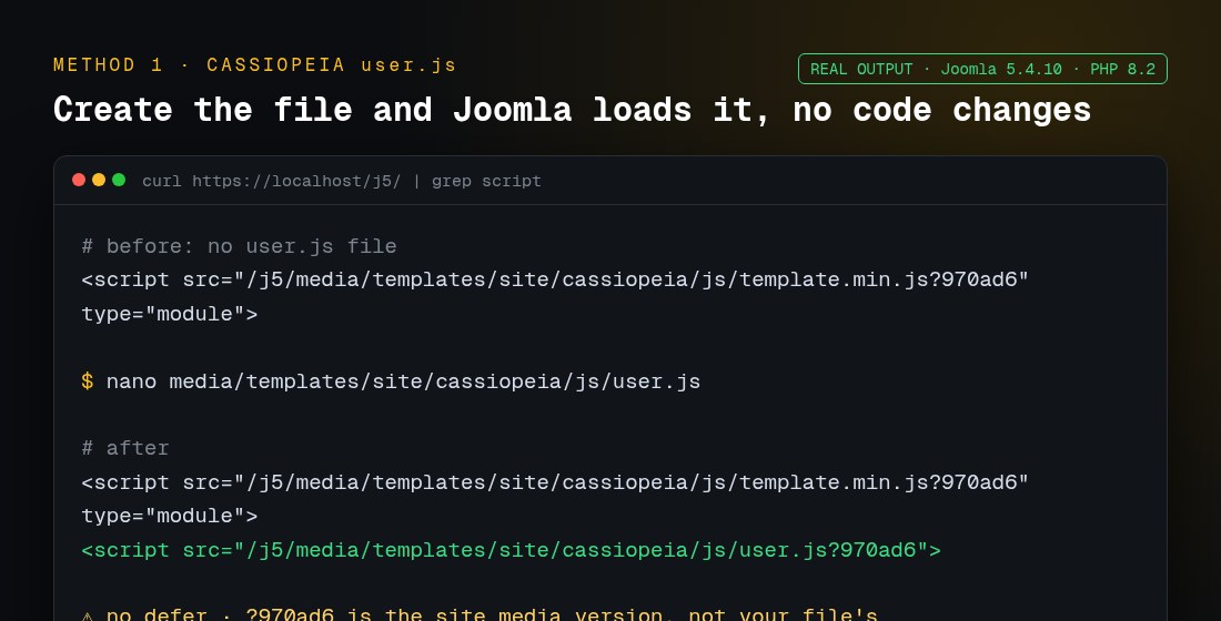 Page source before and after creating user.js in the Joomla Cassiopeia template