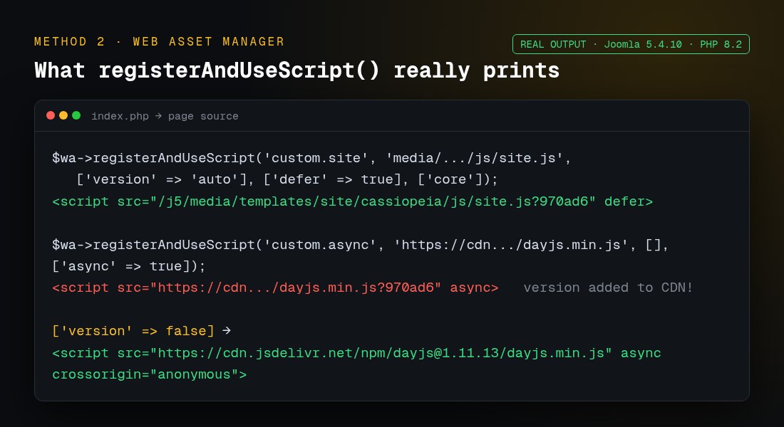 Script tags produced by Joomla Web Asset Manager registerAndUseScript with defer and async