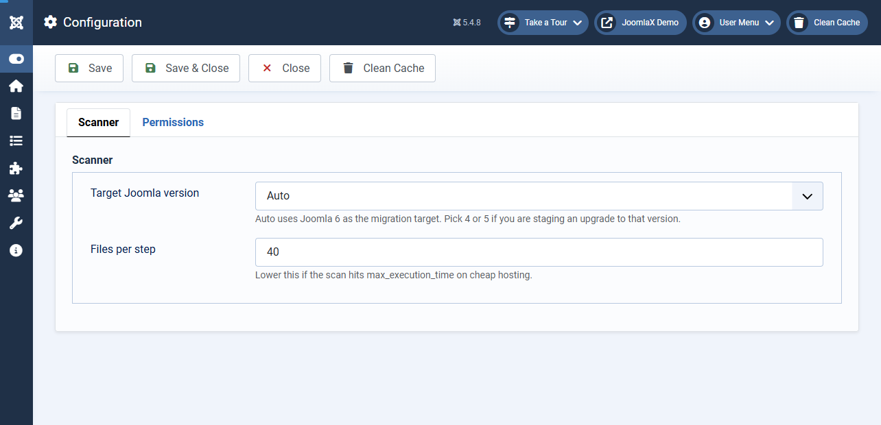 Joomla 6 Compatibility Check: Scan Every Extension on Your Site for Free 4 Migration Scanner Configuration screen with Target Joomla version set to Auto, which uses Joomla 6 as the migration target, and Files per step set to 40