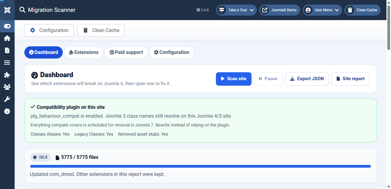 Joomla 6 Compatibility Check: Scan Every Extension on Your Site for Free 3 Migration Scanner Dashboard in the Joomla administrator with Scan site, Pause, Export JSON and Site report buttons, a green banner showing plg_behaviour_compat is enabled with Classes Aliases, Legacy Classes and Removed asset stubs set to Yes, and a completed scan of 5,775 of 5,775 files