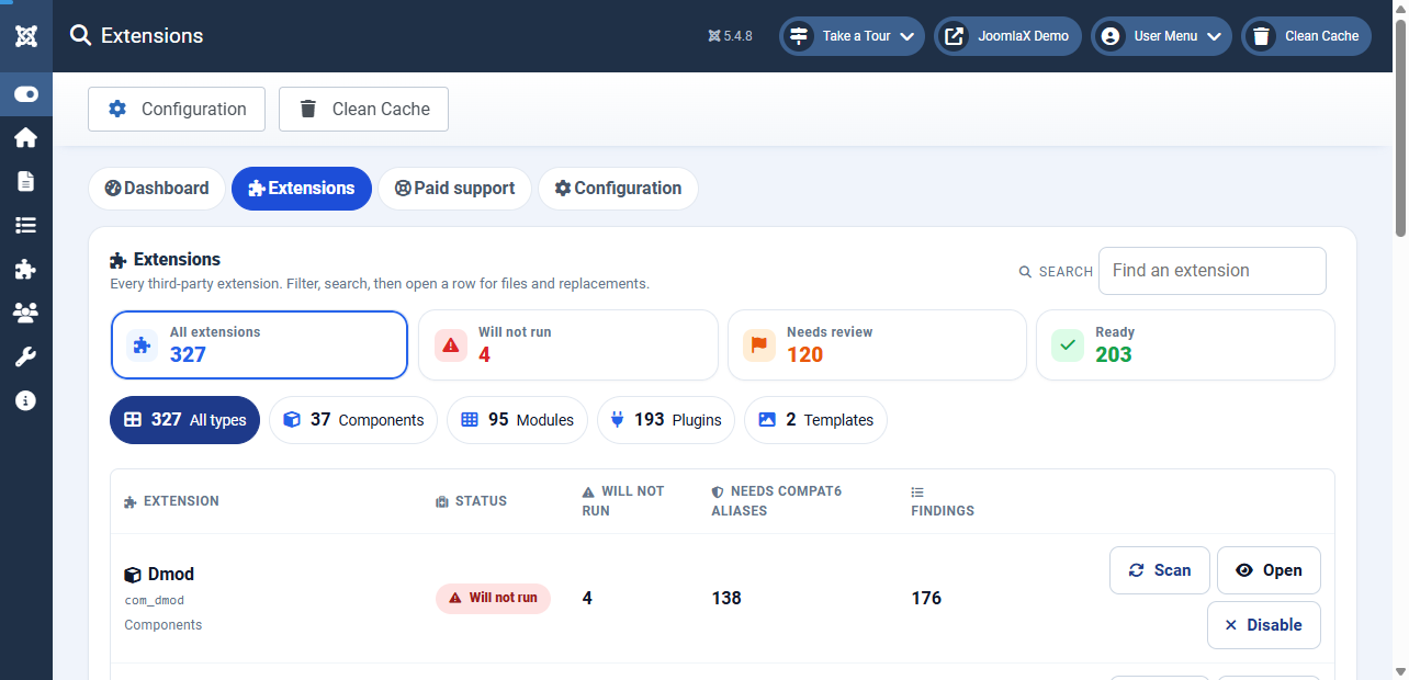 Joomla 6 Compatibility Check: Scan Every Extension on Your Site for Free 5 Migration Scanner Extensions list showing 327 third-party extensions: 4 Will not run, 120 Needs review and 203 Ready, split into 37 components, 95 modules, 193 plugins and 2 templates, with columns for Will not run, Needs compat6 aliases and Findings