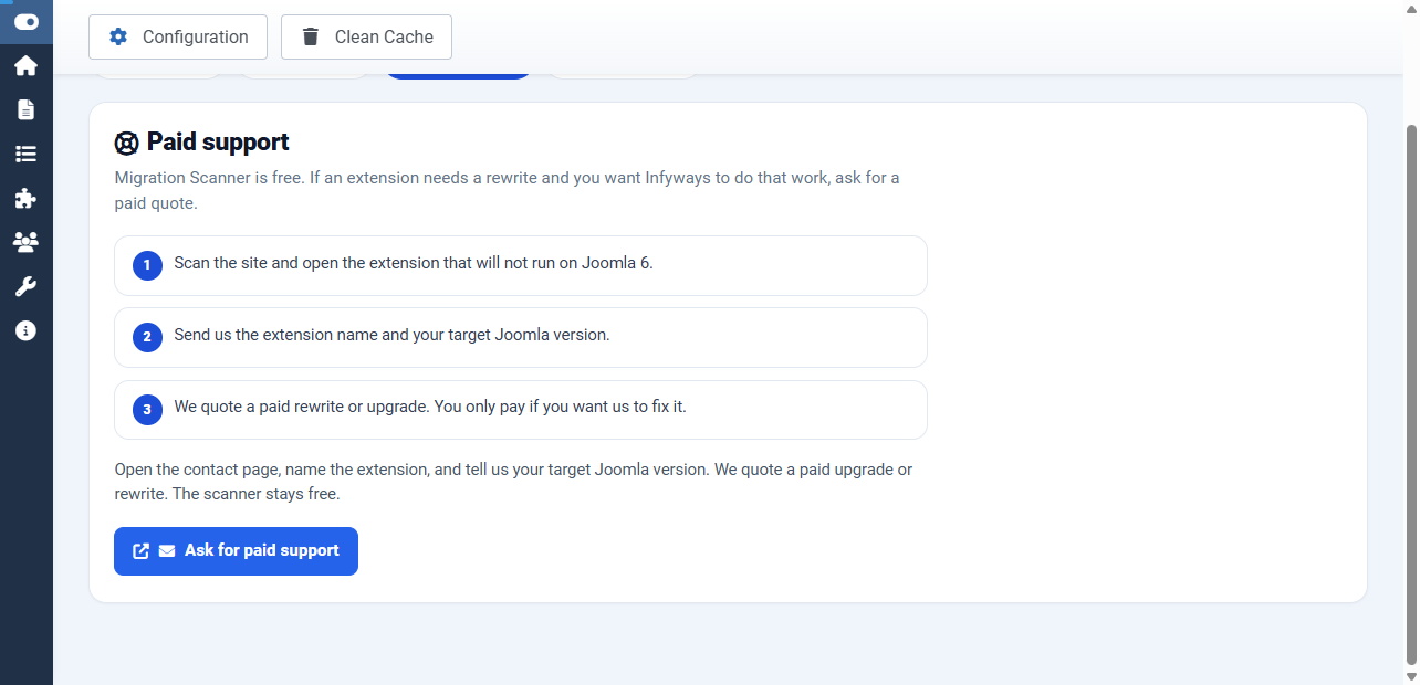 Joomla 6 Compatibility Check: Scan Every Extension on Your Site for Free 6 Migration Scanner Paid support screen explaining three steps: scan the site and open the extension that will not run on Joomla 6, send the extension name and target Joomla version, and get a quoted paid rewrite or upgrade
