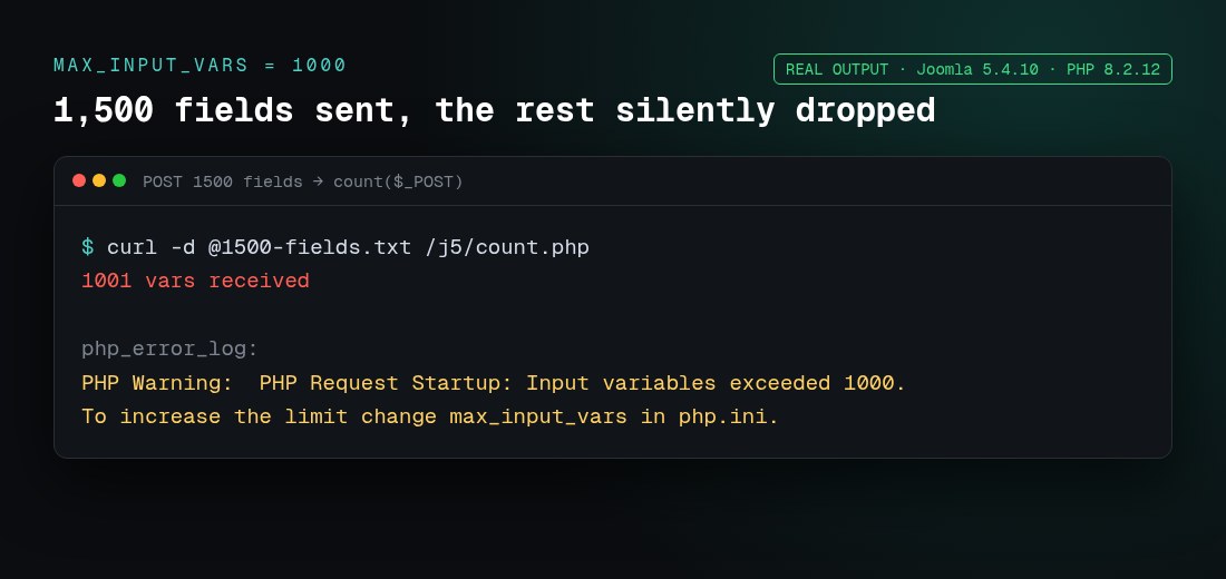 PHP max_input_vars 1000 limit dropping form fields with Input variables exceeded warning