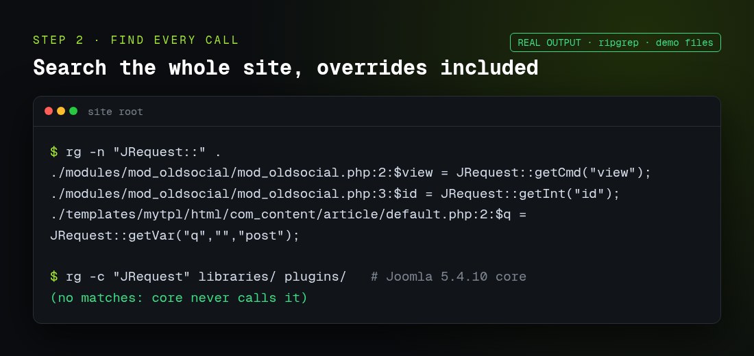 Fix "Class JRequest Not Found" in Joomla 4, 5 and 6.2 (Tested) 4 Searching a Joomla site for JRequest calls with ripgrep, including template overrides