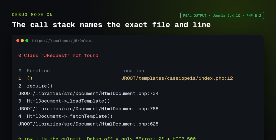 Fix "Class JRequest Not Found" in Joomla 4, 5 and 6.2 (Tested) 3 Joomla debug call stack for Class "JRequest" not found pointing to the file and line