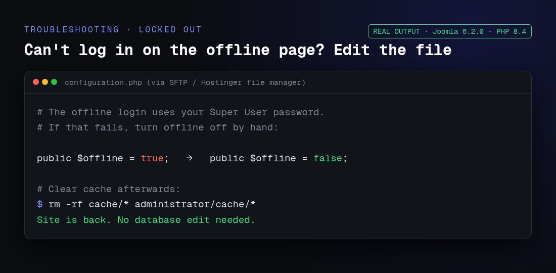 Fixing a Joomla offline lockout by editing offline to false in configuration.php