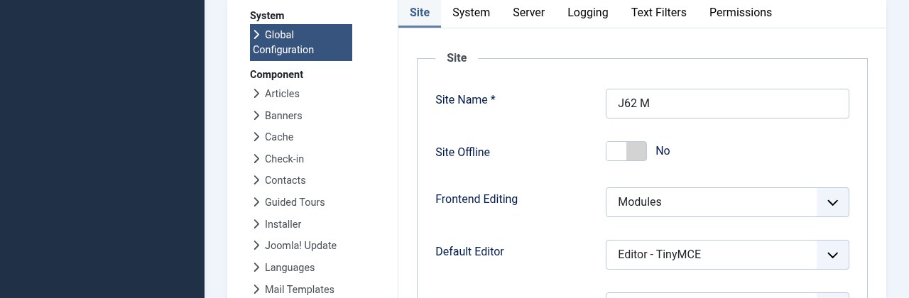 Joomla 6.2 Global Configuration Site Offline toggle in the admin
