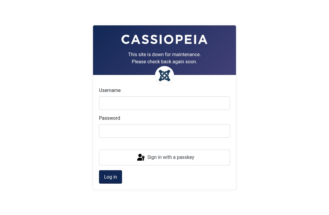 Default Joomla Cassiopeia offline page with login form shown to visitors