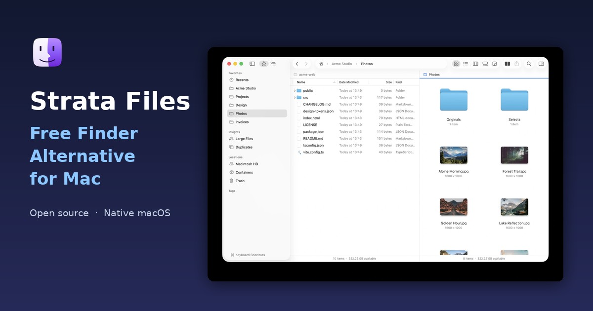 Strata Files free Finder alternative for Mac showing the dual-pane file browser