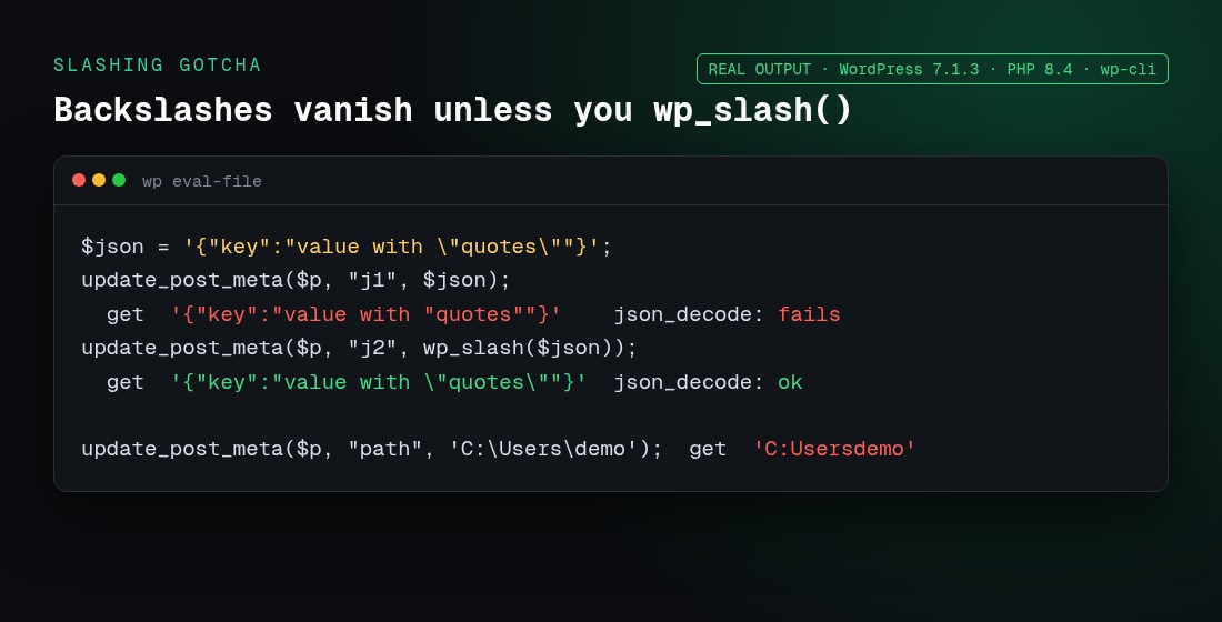 update_post_meta stripping backslashes from JSON and the wp_slash fix