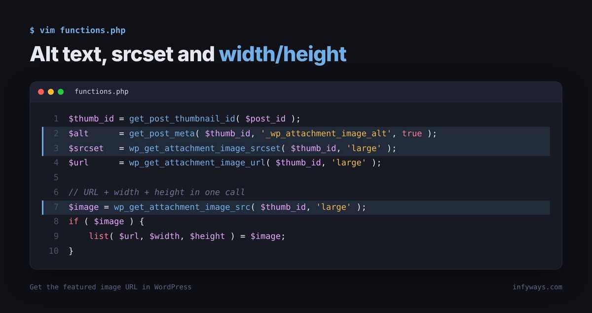 PHP code getting the featured image alt text with _wp_attachment_image_alt, srcset with wp_get_attachment_image_srcset and width and height with wp_get_attachment_image_src