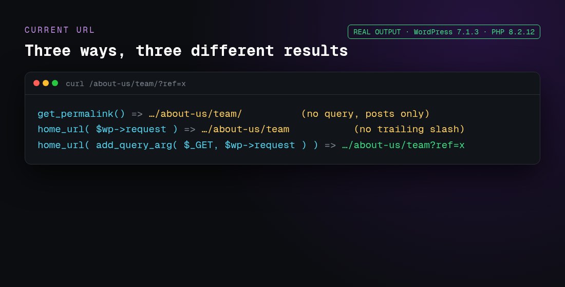 Three ways to get the current page URL in WordPress and their output