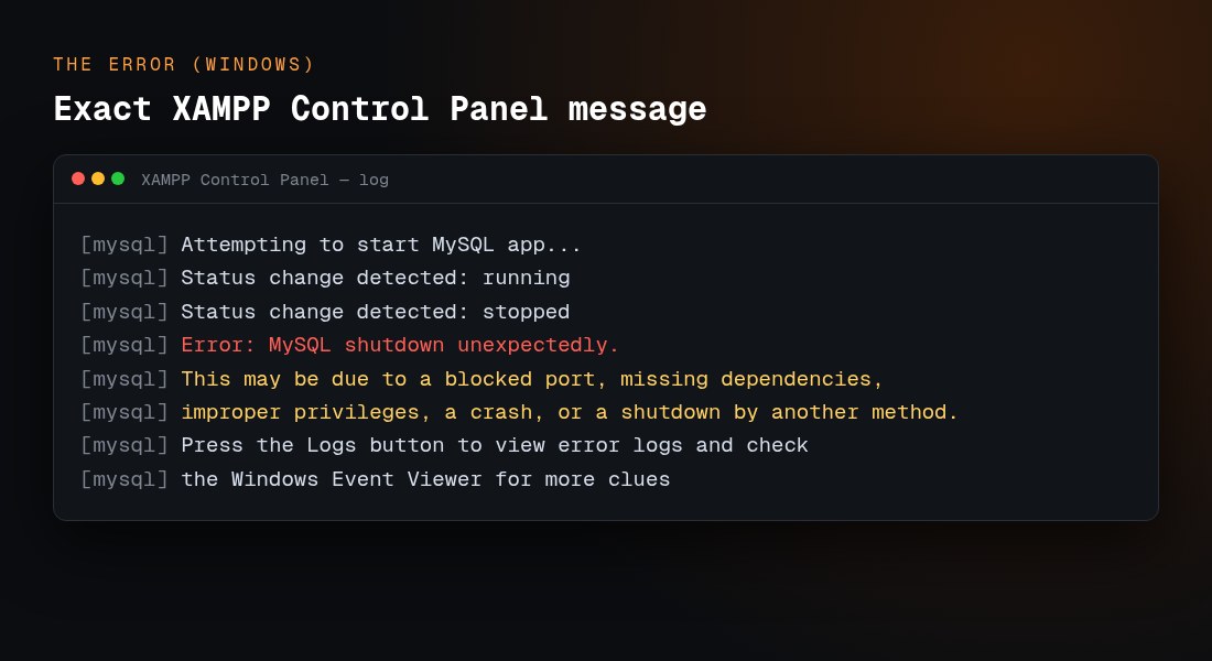 XAMPP Control Panel log: Error: MySQL shutdown unexpectedly