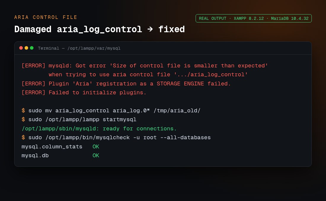 Real MariaDB log: aria control file error fixed by moving aria_log files